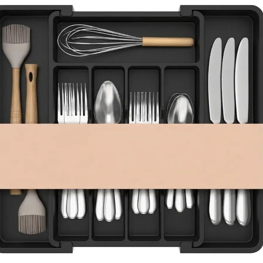 Expandable Silverware Organizer, Plastic Utensil Tray for Kitchen Drawer, BPA Free Flatware Cutlery Holder, Space-Saving Storage for Spoons Forks Knives, 8.5-14 x 12 x 1.5 inch, Black
