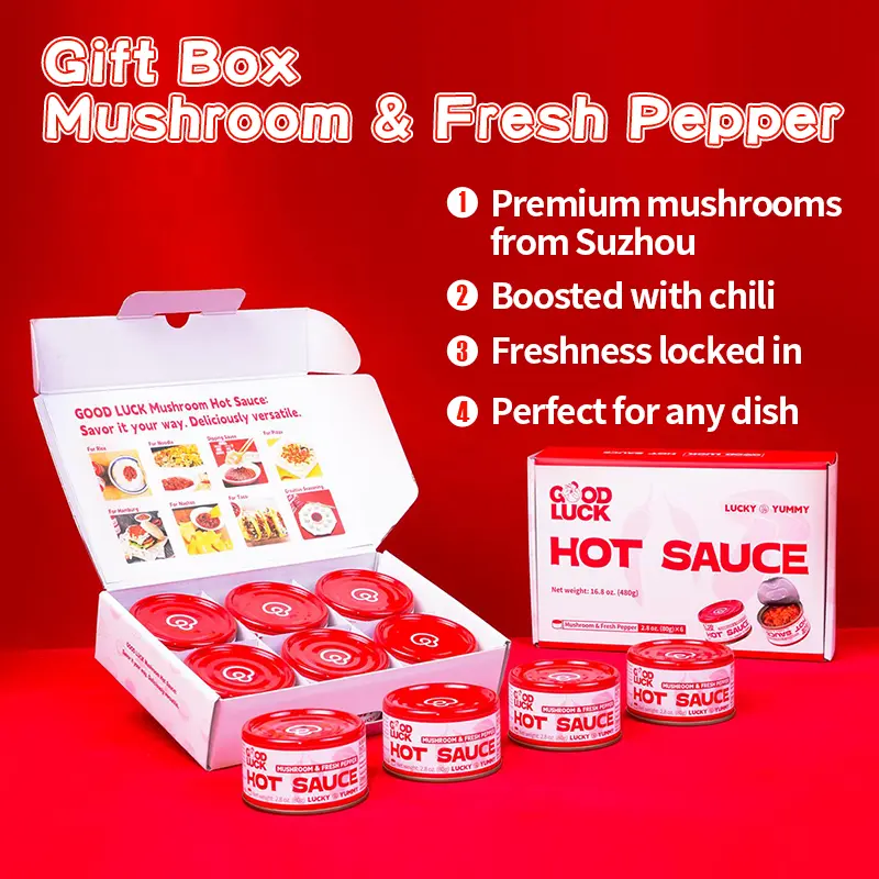 Good Luck Hot Sauce - Mushroom & Fresh Pepper Flavor | 6 Cans Box | 2.8 oz Each | Vegan Chili Dip | Mild Heat | Perfect for Tacos & Hummus Dips | Premium Ingredients | Mixed Flavors