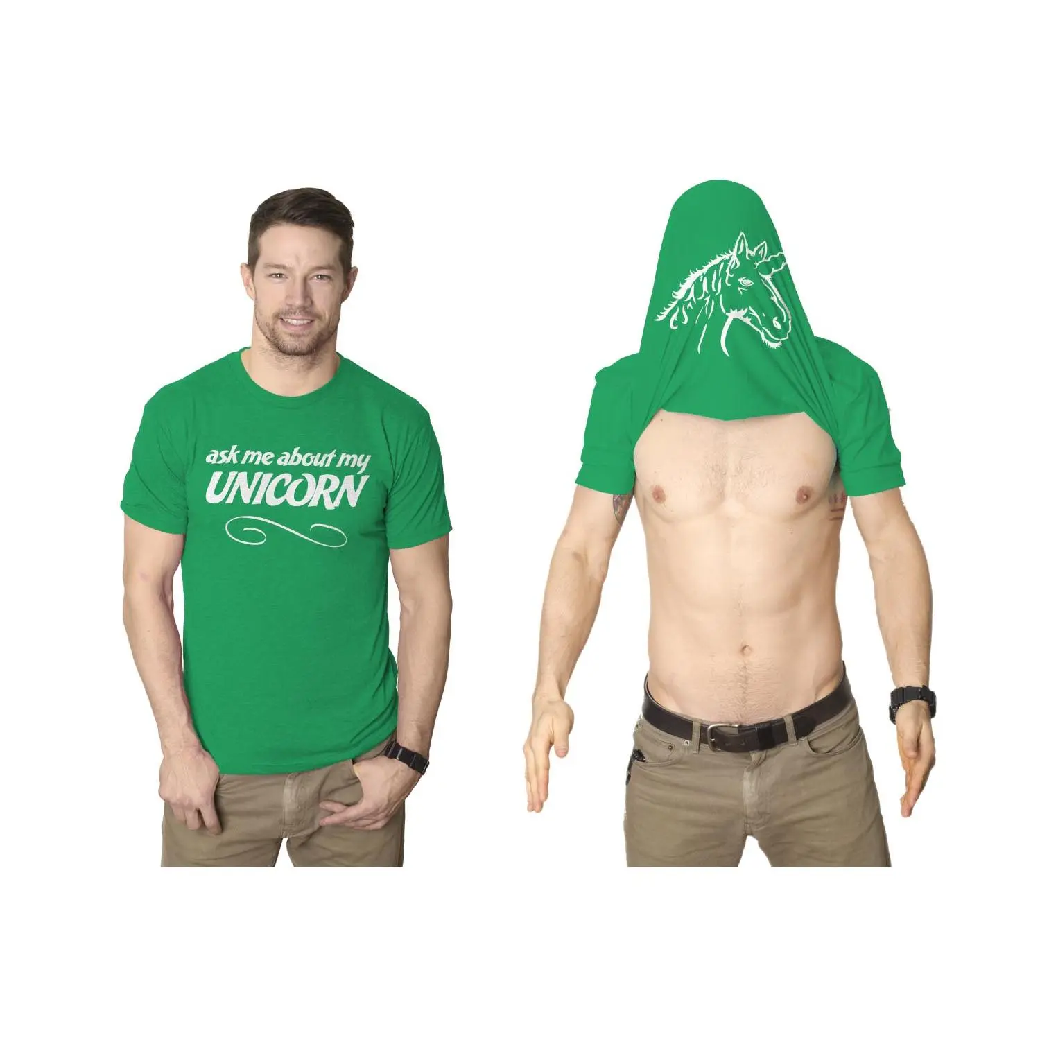 Funny Unicorn Flip T-Shirt - Turn Into a Magical Unicorn Shirt Mens Funny T Shirts Cool Vintage Fashion T-Shirt Gift Classic Menswear Unicorn Apparel for Men Funny Flip Short Sleeve Novelty Tees for Guys Green