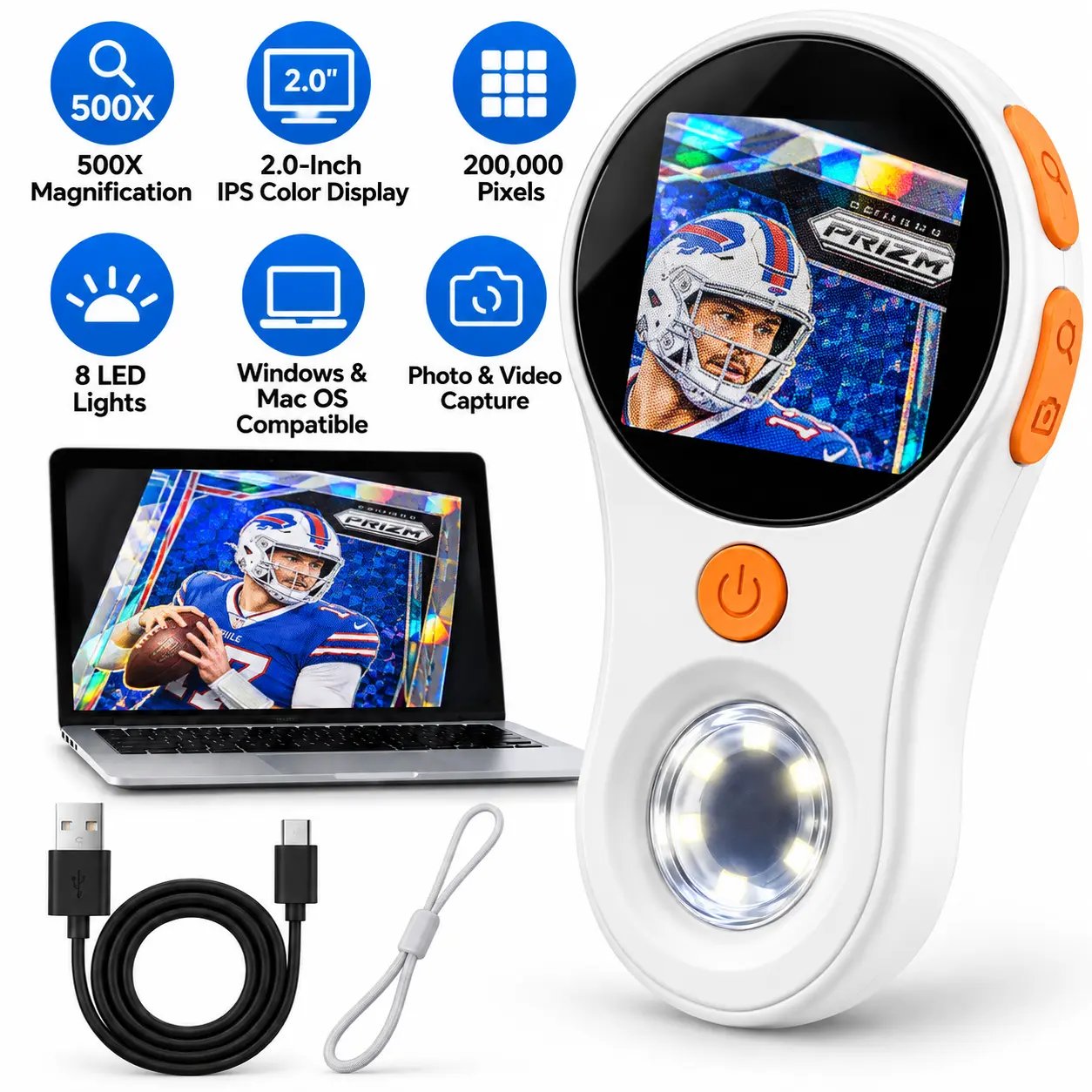Portable Handheld Digital Microscope, 500X Magnification, 2.0-Inch IPS Display, 200,000 Pixels, 8 LED Lights, Windows & Mac OS