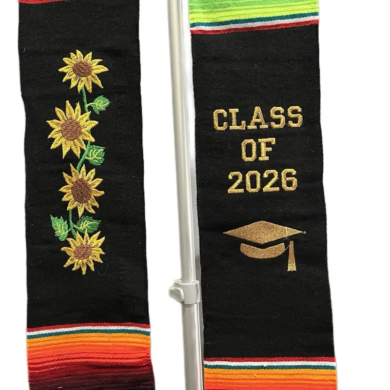 Sunflower Class 2026 Stole with Embroidered Sunflowers and Graduation Cap Design for Graduation Ceremonies