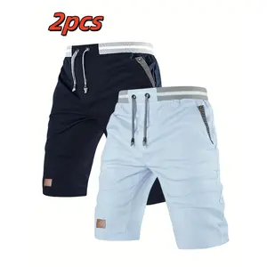 Men’s summer casual bermuda shorts, two-pack; adjustable elastic waistband with drawstring; striped pockets; leather patch decoration; breathable and comfortable; suitable for outdoor everyday wear and versatile.
