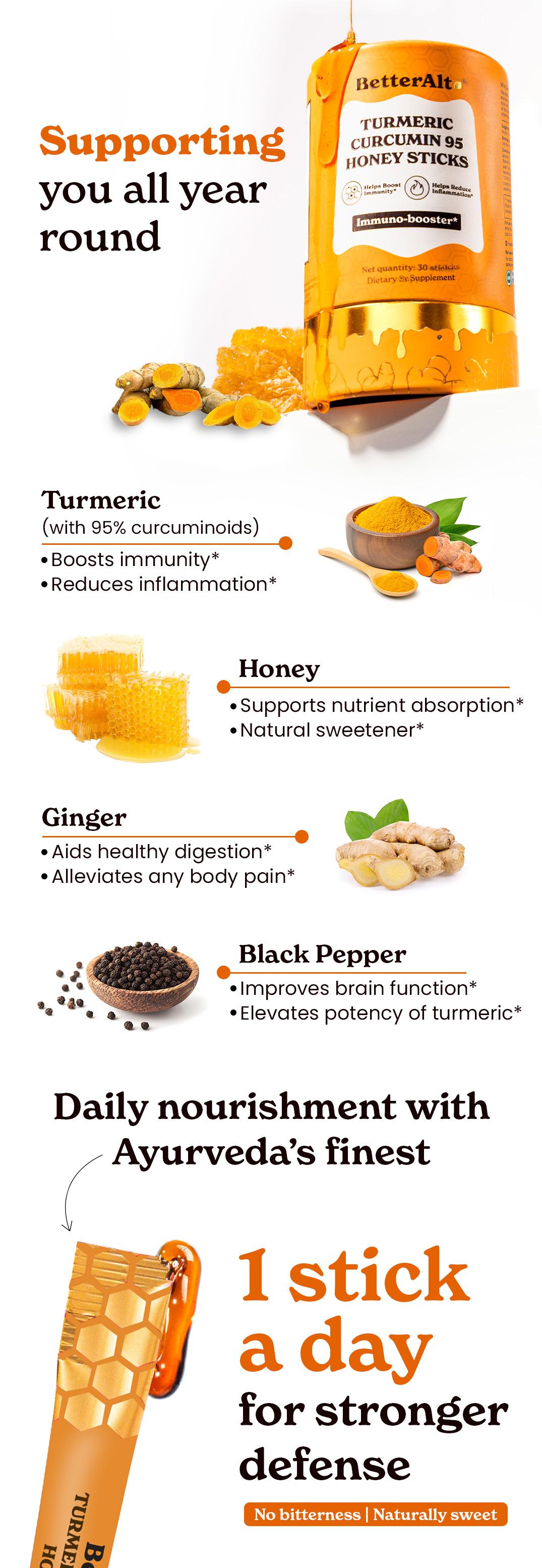 BetterAlt Immuno Duo | Kids & Adults | Curcumin 95 with Turmeric, Ginger & Black Pepper | Pediatrician Approved | Iron, Zinc, Vitamin B & C | 30 Sticks for All-Season Immunity