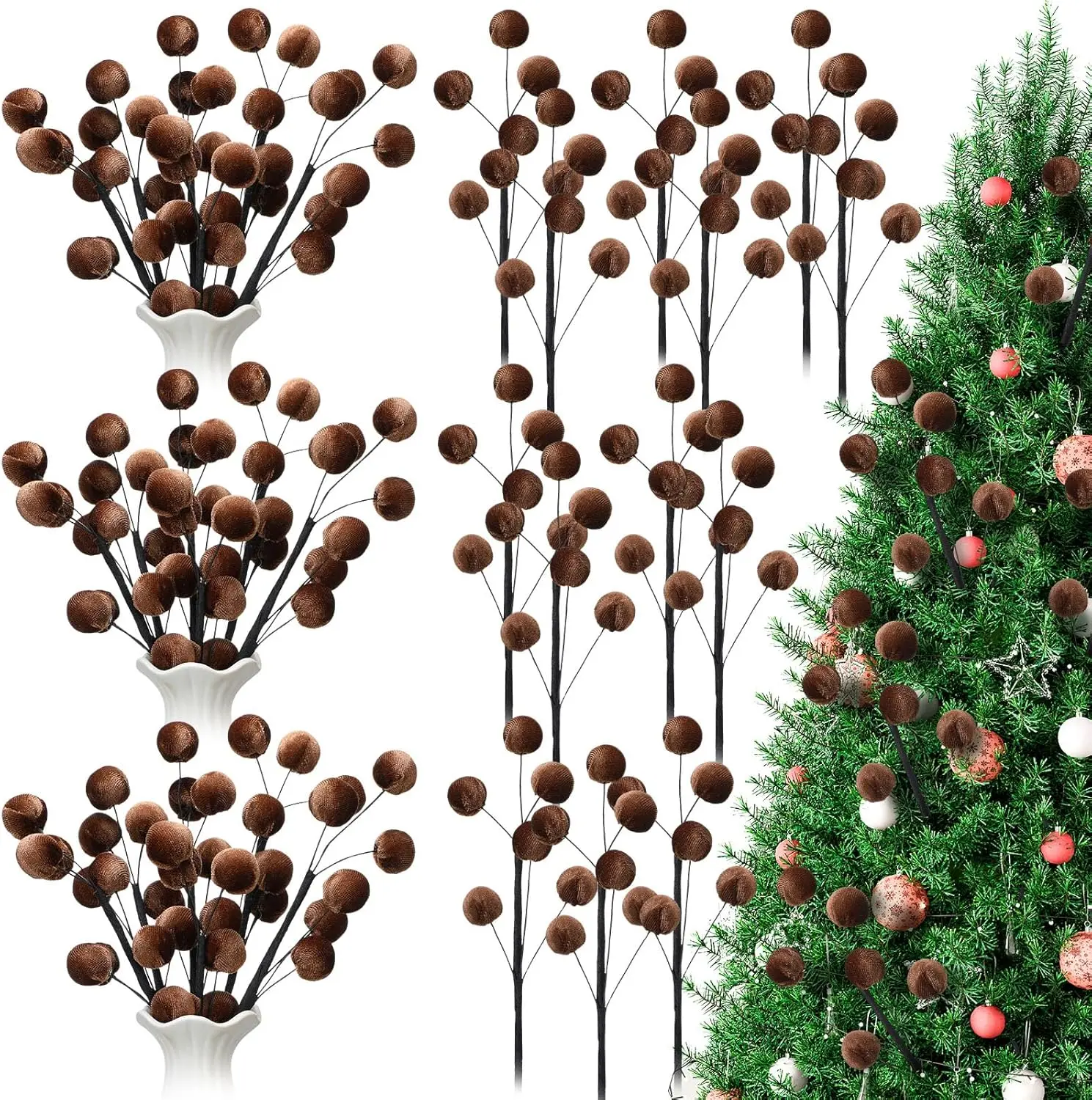 Traditional Lightweight 6-Piece 14-in Velvet Ornament Set, Holiday Decor with Sphere Balls for Christmas Tree Branches, Wreaths, Home & Office Parties