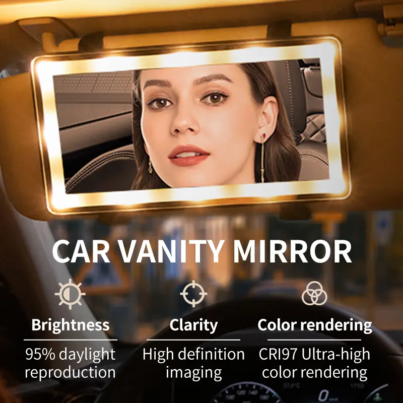 Rechargeable Type-C LED Car Vanity Mirror with Lights - Sun Visor Makeup Mirror for Women, Car Interior Use, 3 Color Lighting Modes, Stepless Dimm Touch Control, High-Definition, Portable, Adjustable Straps