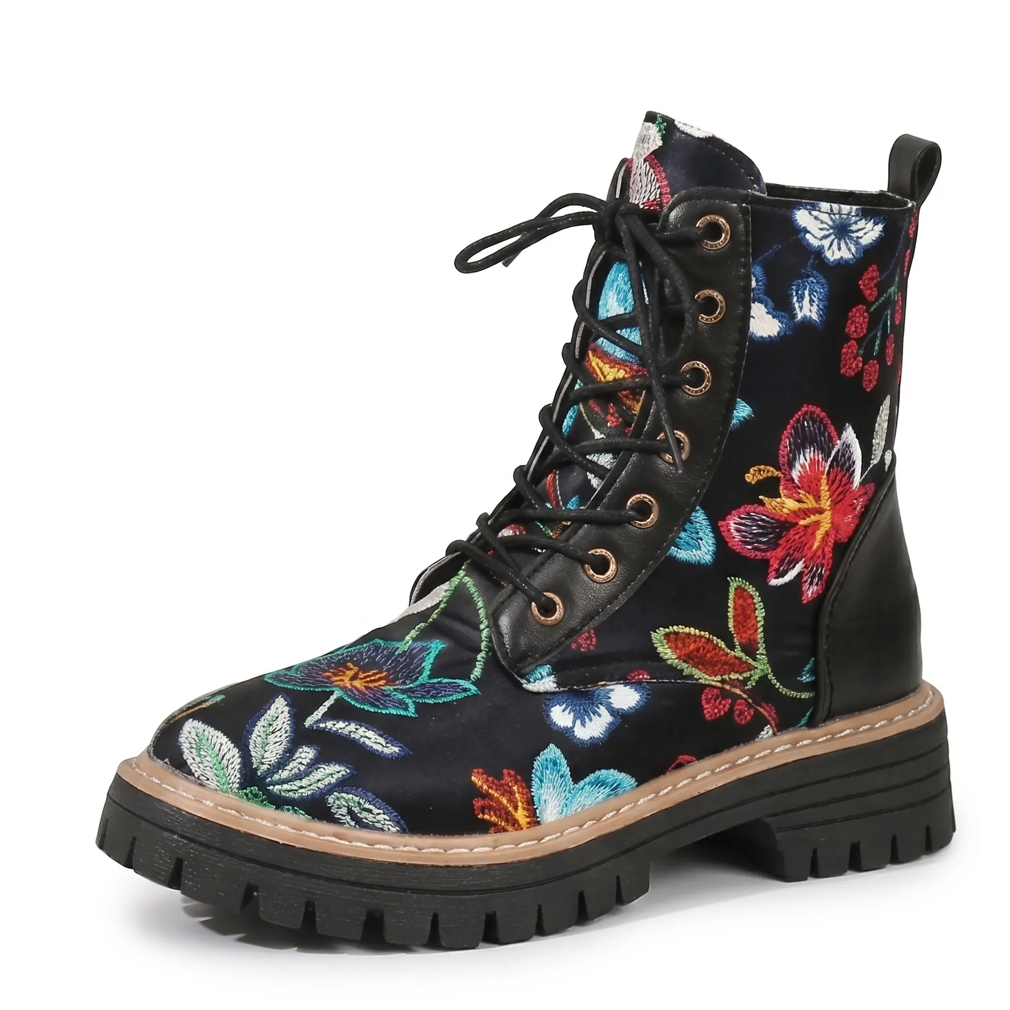 AOPLUS Women's Floral Embroidered Combat Boots. Vintage Boho Chunky Platform Shoes for Teen Girls. Features Easy Side Zipper & Anti-Slip Sole. The Perfect Comfortable Cottagecore & Festival Fashion Booties for Your Everyday Aesthetic OOTD.