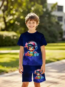 Boys' 3D Short Sleeve Set, Roblox Starry Sky Cool Game Print Summer, Casual Slim-Fitting Kids Clothing for Outdoor, Holiday Gifts