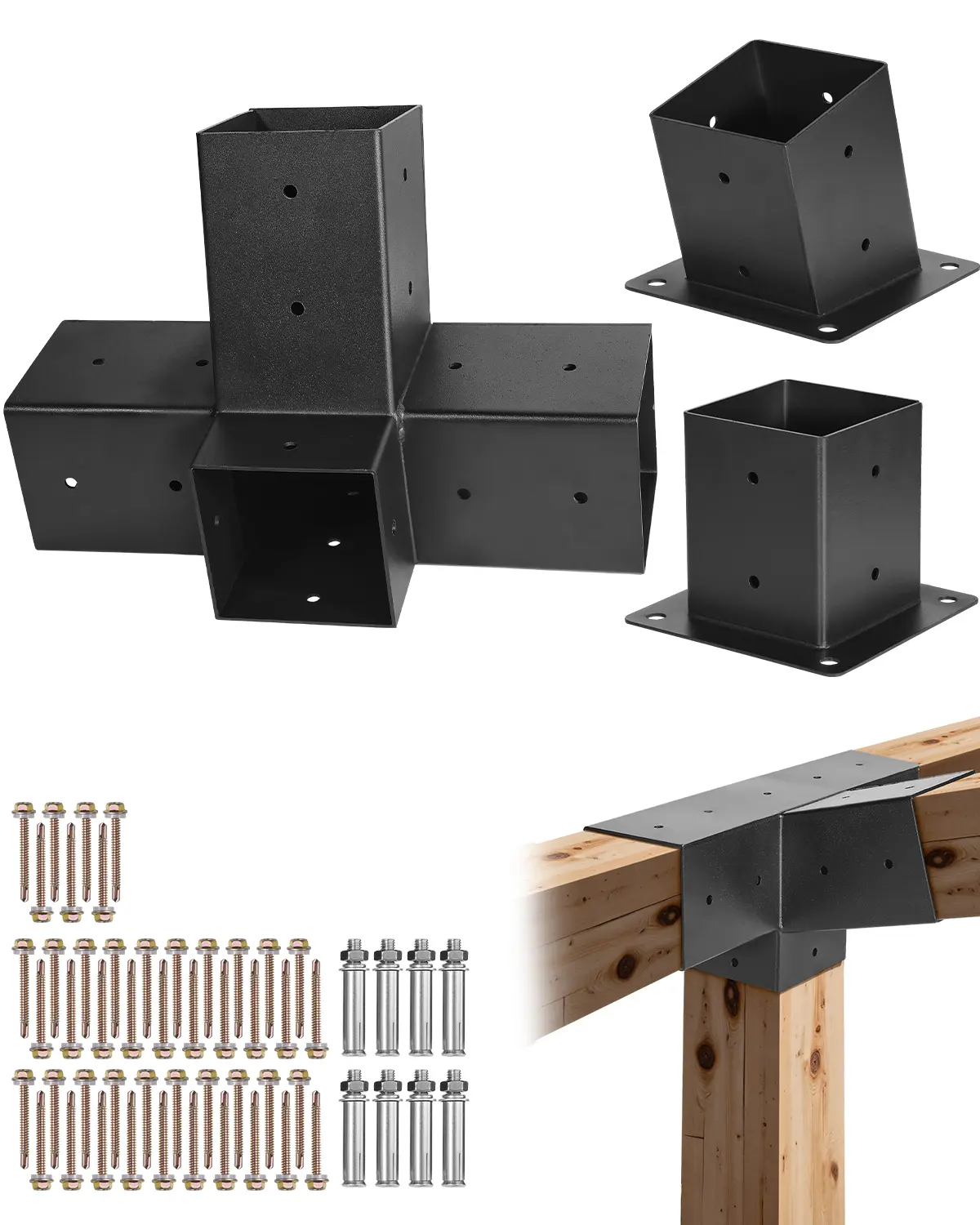 【summerfinds】VEVOR Pergola Kit, 4x4 Inch 4-Way Slanted Bracket for 3.5x3.5 Inch Wood Beams in Actual Size, Carbon Steel Pergola Bracket with Post Base and Wall Mount Base, for Outdoor Pergolas, Gazebos, Sheds