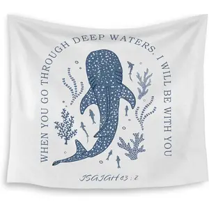 Whale Shark Christian Tapestry, Isaiah 43:2 Bible Verse Tapestry Wall Hanging, Religious Bible Scripture Wall Blanket Backdrop Decor for Home Bedroom Living Room Decorative Light