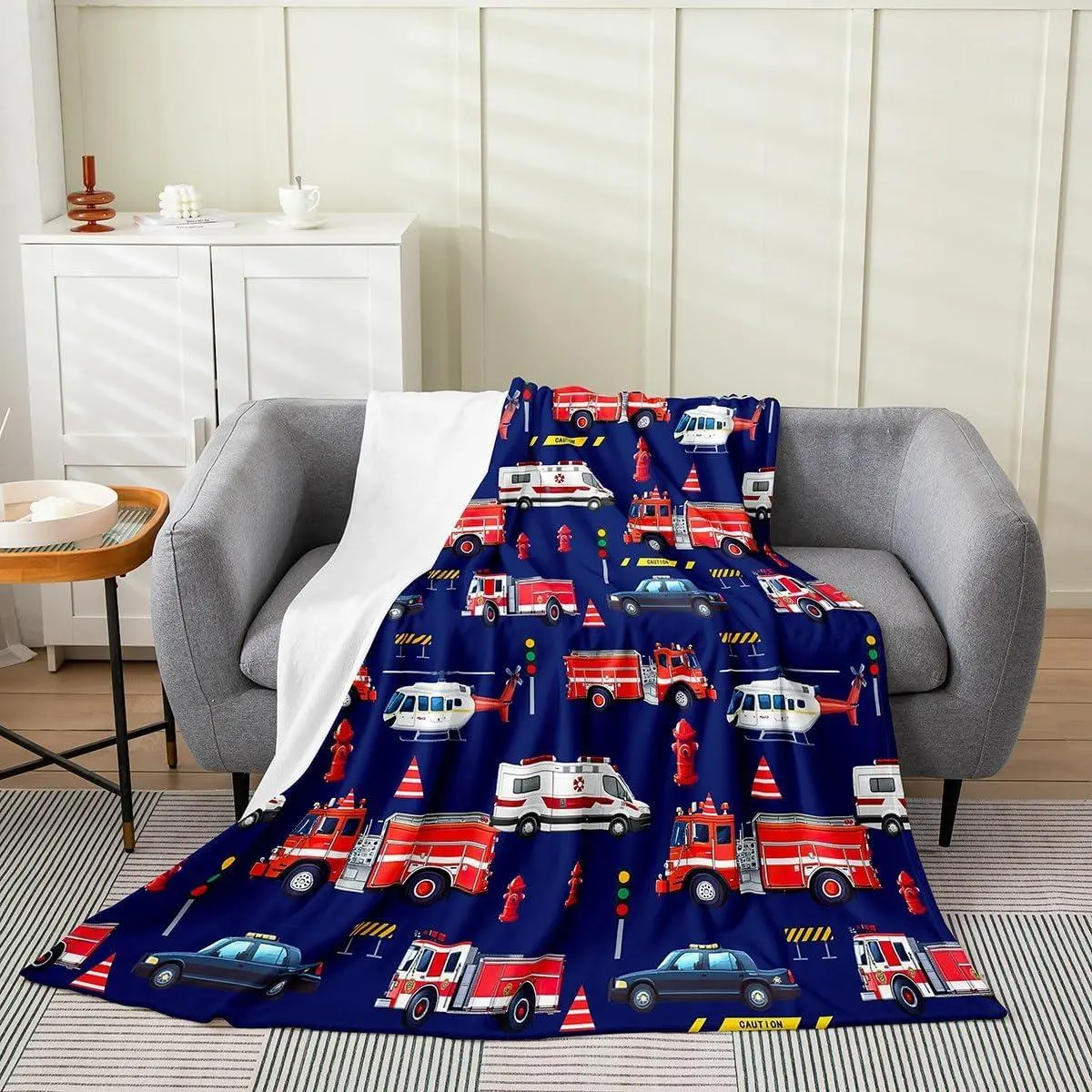 Fire Truck Fleece Throw Blanket Throw FirThemen Car Vehicle Flannel Blanket Plush Fuzzy Sofa Couch Vivid Blue All Season