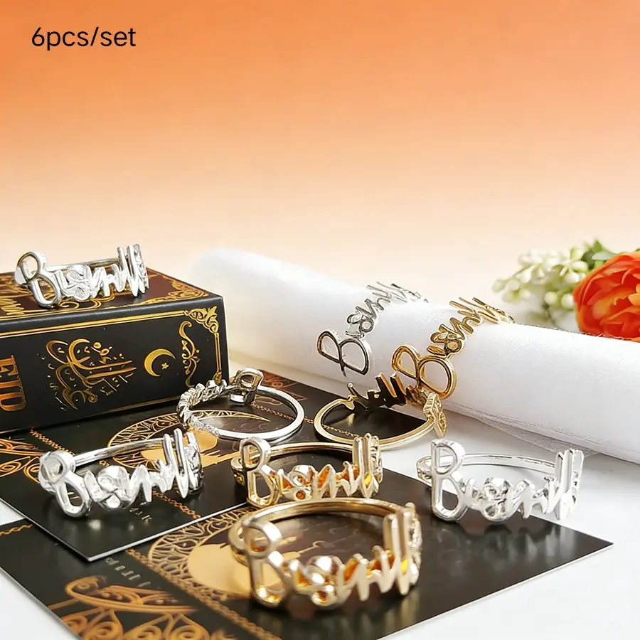 6Pcs Eid Mubarak Napkin Rings, Gold Bismillah Holder for Ramadan 2026 Table Decoration