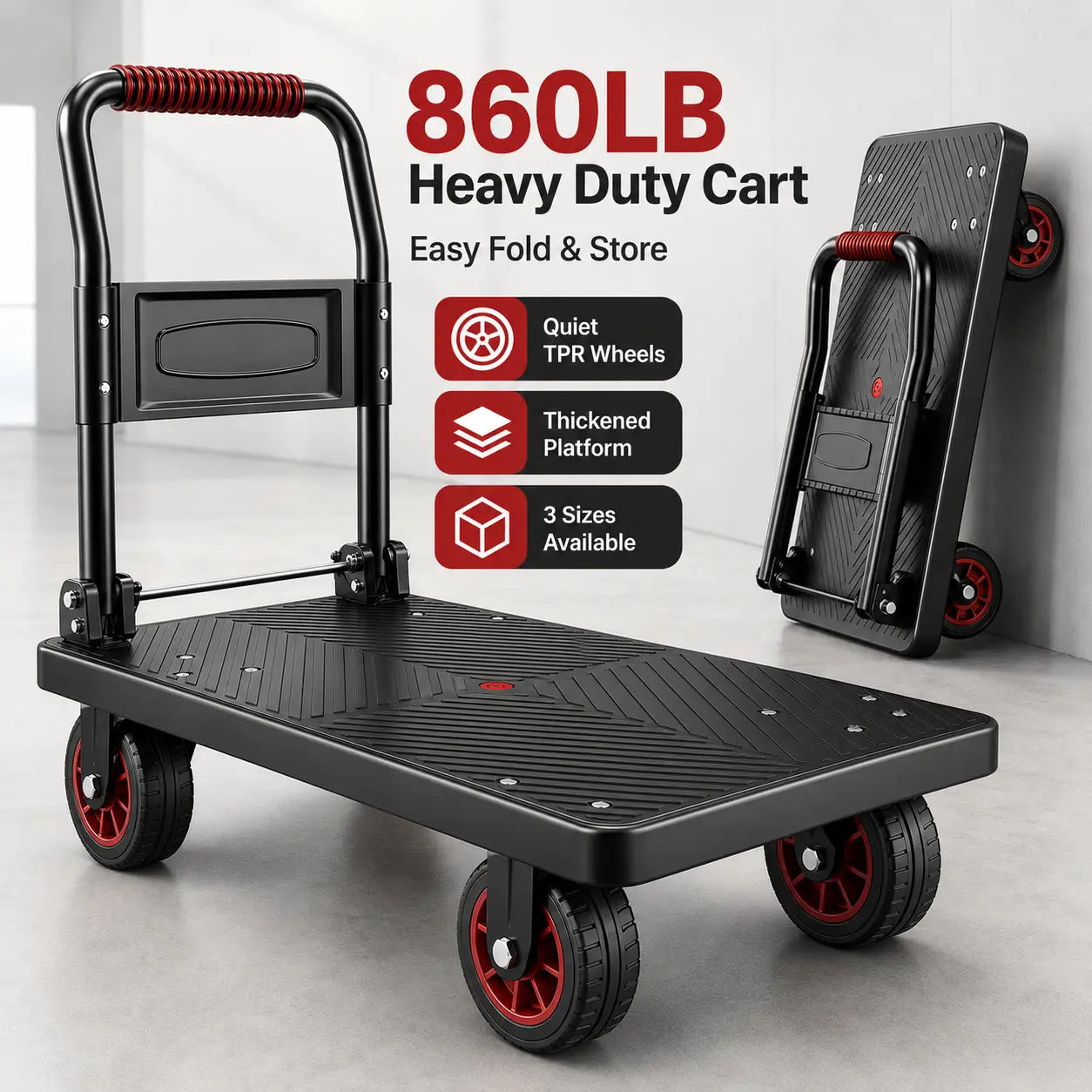 Foldable Moving Cart, Platform Cart with Wheels for Boxes, Home Moving, Garage Storage and Heavy Items