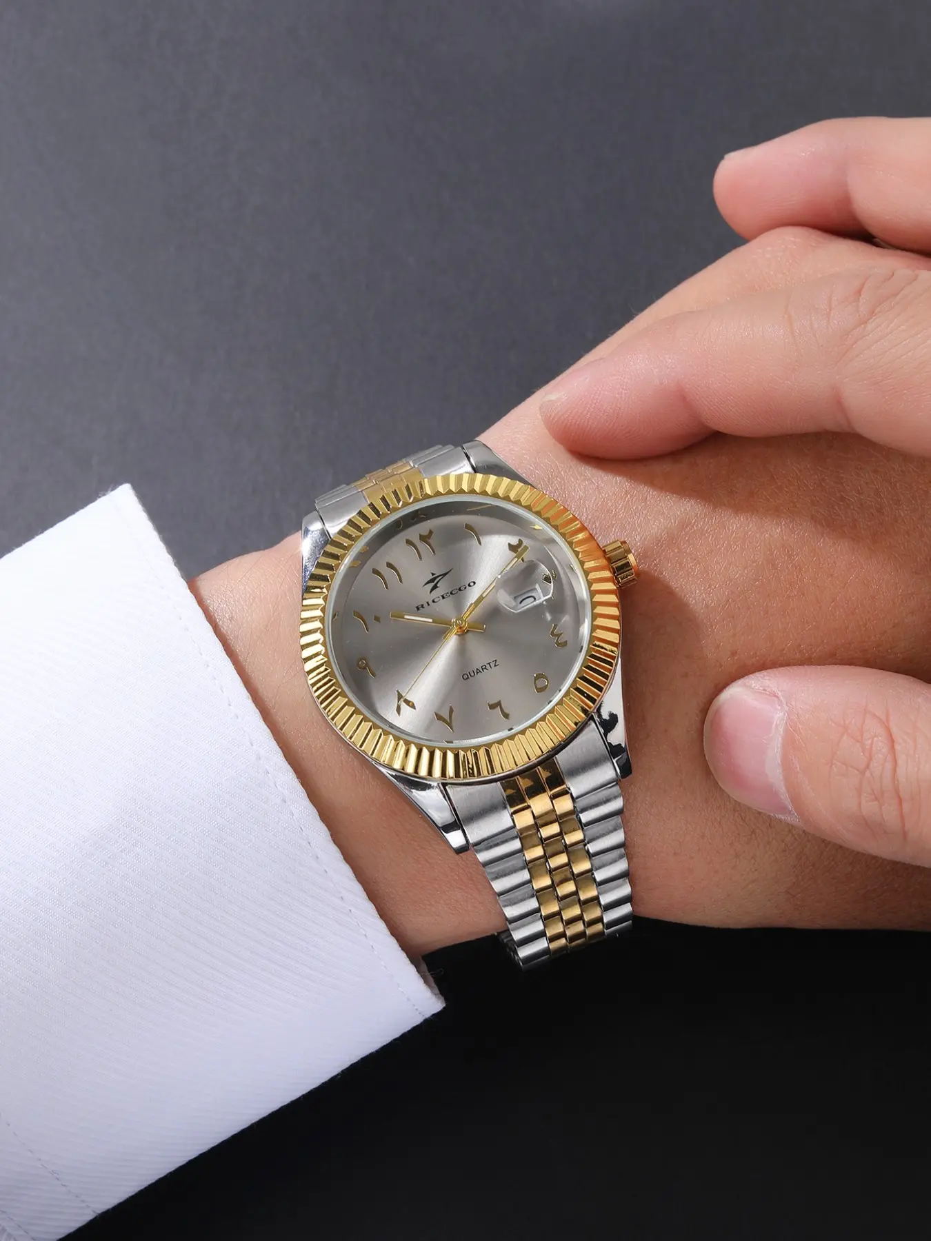 RICECGO 1pc men's business watch, Analog Watch, Arabic numerals, fashionable and versatile accessories, never fading stainless steel strap, date display, Business Quartz Watches, Quartz Wristwatch, ideal gift with box!
