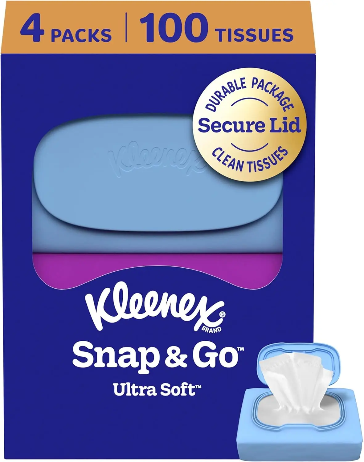 Kleenex Snap & Go Ultra Soft Facial Tissues, 4 Packs, 25 Tissues per Pack