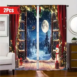 2Pcs Christmas Window Curtains Santa Claus Snowman Print Room Darkening Winter Holiday Themed Decorative for Living Bedroom Festive Home Decor Light Filtering Drapes