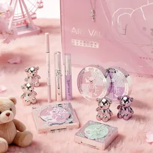 12-Piece Bear Paradise Makeup Set, including 9-color eyeshadow palette, 3-color contour cream, face powder, 3-color blush palette, 4 bear matte lip muds, eyebrow pencil, brow tint mascara, mascara and exquisite bear necklace. One set meets all your makeup