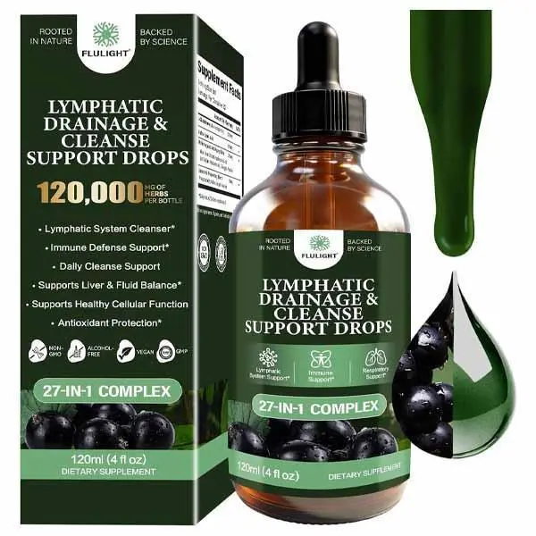 Lymphatic Drainage & Immune Defense Drops, 27-in-1 Liquid Herbal Formula with Zeolite, Activated Charcoal, Echinacea, Elderberry, Burdock, Spirulina & Chlorella, for Women & Men, 4-OZ,2-Month Supply