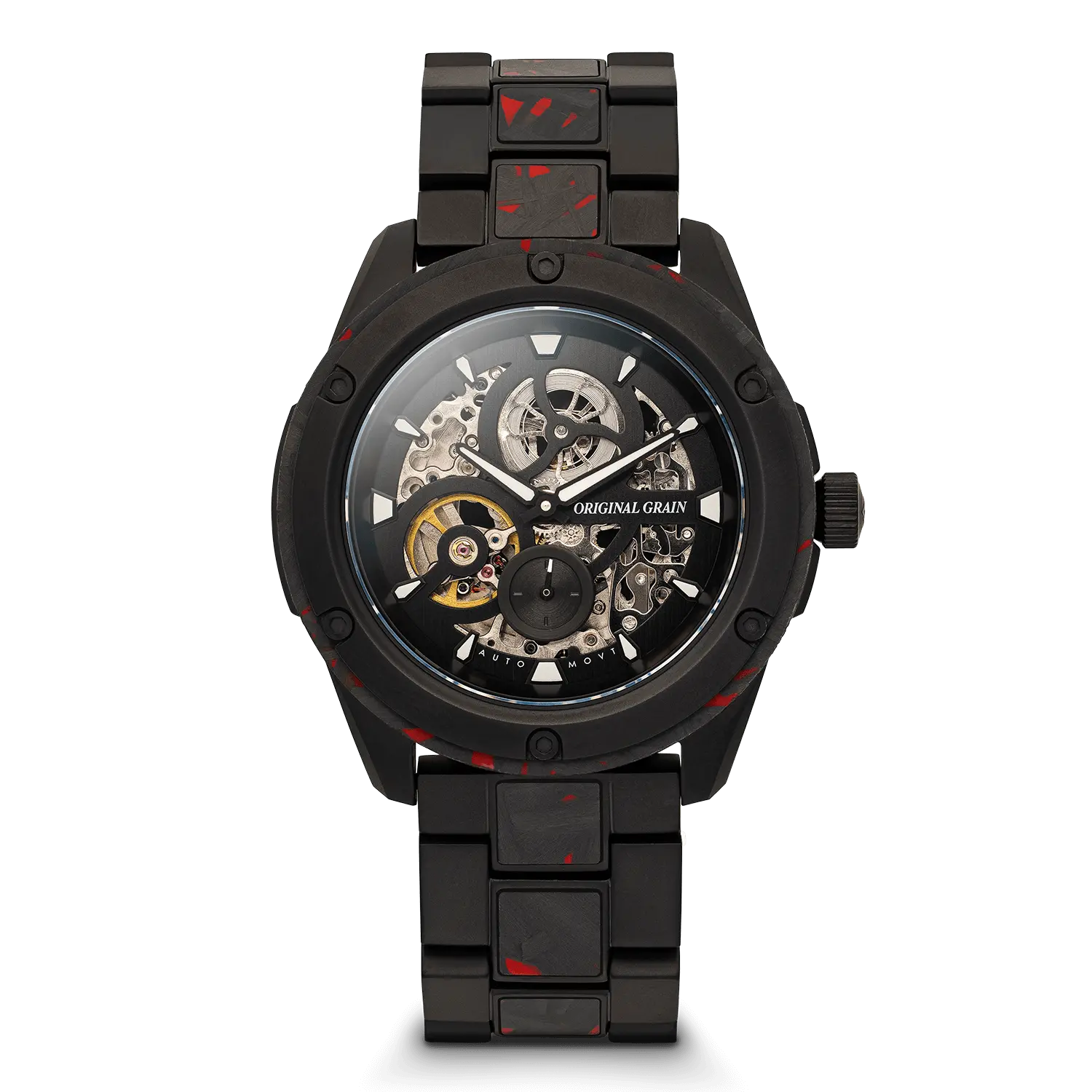 Original Grain Men's Forest Fire Red Rugged 45mm Automatic Wind Round Face Mechanical Look Casual Wear Male Watch