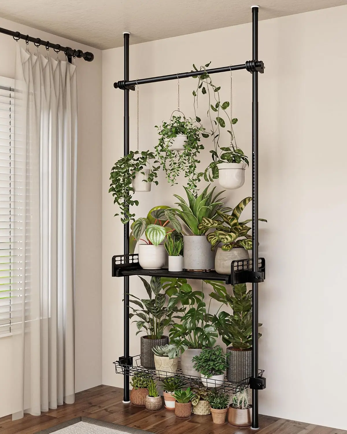 Bamworld Tension Rod Plant Stand Adjustable Hanging Plant Shelf Indoor