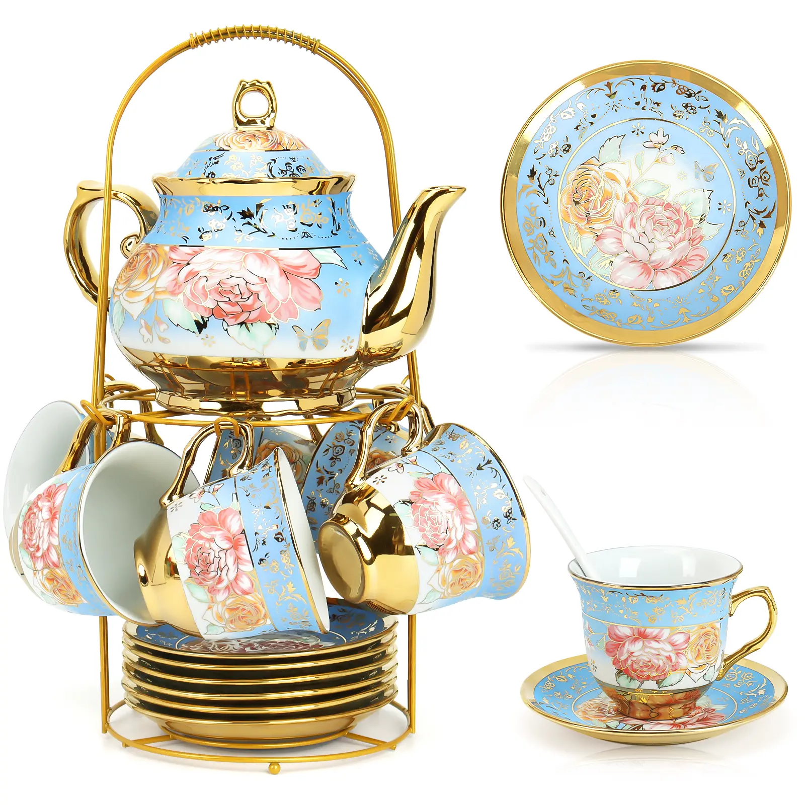 European Style Ceramic Tea Cup Set with Metal Holder, 20-Count Adult Tea Party Kit, Elegant Floral Painted Teapot & Saucer, Blue Porcelain Home Decor, Ceramic Matcha Set Dinnerware Sets Bone China Tea Set