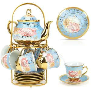 European Style Ceramic Tea Set with Metal Holder, 20-Count Tea Party Set for Adults, Elegant Floral Design, Includes Floral Painted Teapot & Saucer Home Decor Blue Matcha Kit Porcelain