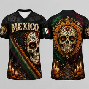 Mexican-Inspired Black Sugar Skull V-Neck Graphic Shirt, Marigold Flower Candle Print Short Sleeve Sports Top, Latin Festival Casual Shirt for Men