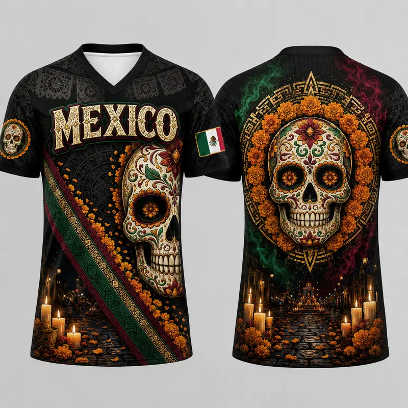 Men's Short-Sleeve Deep V-Neck Casual Printed Sports Top - Lightweight Comfy Streetwear, Multi-Size, Festival-Inspired Floral Sugar Skull Art, Cultural Stripe Details, Party-Ready Graphic, Candle & Marigold Black Layout for Cultural Events