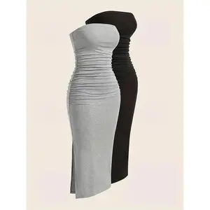 Women's Plain Ruched Split Hem Knitting Bodycon Strapless Tube Dress, Bandeau Dress for Daily Outdoor Wear, Sun Dresses, Dresses for Women