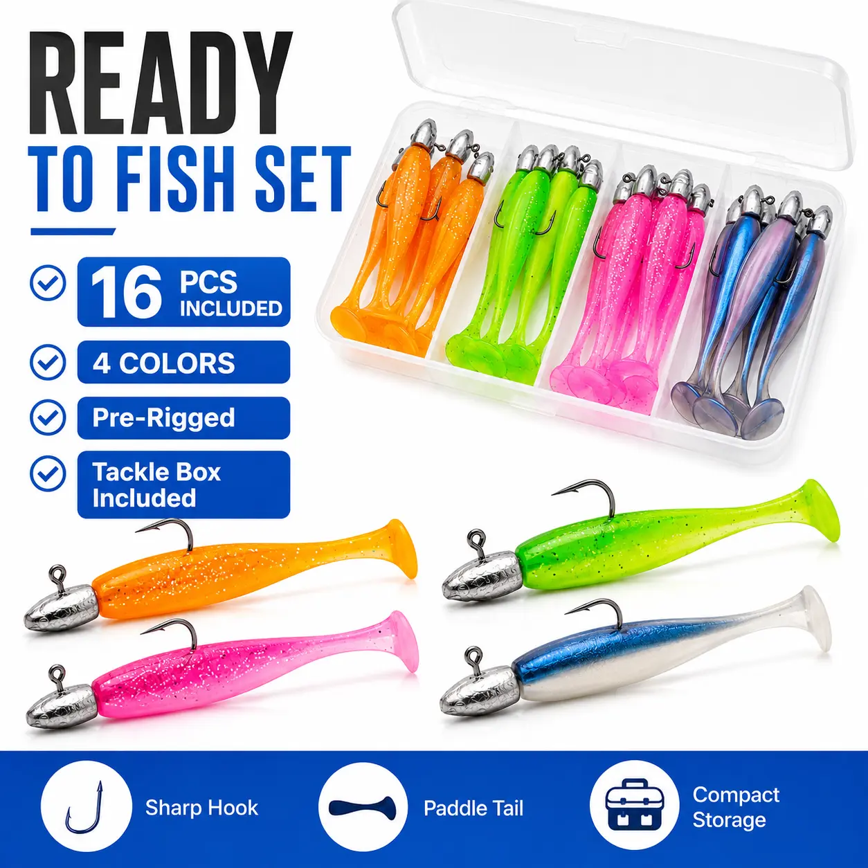 16pcs Soft Paddle Tail Artificial Lure Set - Ideal-Size Outdoor Fishing Baits & Accessories for Barracuda, Perch - Holiday Gift Option