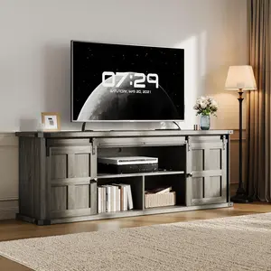 70" Farmhouse TV Stand for TVs up to 80", Entertainment Center with Barn Doors, Power Outlets & Shelves