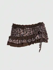 JADEE Leopard Print Lace Trim Low Waisted Bowknot Mini Skirt Grunge Punk Aesthetic
