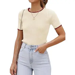 ZESICA Women's Short Sleeve Sweater Tops 2026 Summer Crewneck T Shirt Ribbed Knit Slim Fit Basic Solid Color Tee