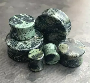 PAIR of Unique Natural Green Eye Jasper Double Flare Stone Plugs - Gauges 8g (3mm) thru 1" (25mm)