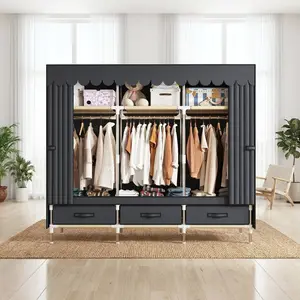 Portable Closet Organizer Heavy Duty Clothing Rack with Oxford Dust Cover, Freestanding Metal Wardrobe Storage Armoire with Adjustable Shelves & Multi Hang Rods, Space Saving Clothes Storage Organizer for Small Apartment Bedroom Dorm Guest Room