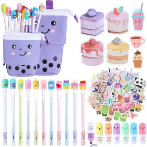 Kawaii Stationery Set - Telescopic Boba Pencil Pouch Case Bag, Gel Ink Pen Stick, Bubble Tea Sticker Pill Highlighter, Cute School Supplies for Christmas