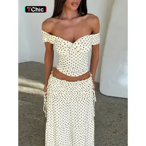 Women Summer Short Sleeve Tops High Waisted Long Skirt Polka Dot Beach Vacation Casual Two Piece Set Outfit