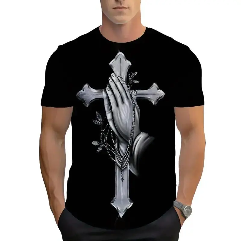 Women's 100% Cotton Short-Sleeve Round Neck Christian T-Shirt - Casual Streetwear Polyester-Blend Religious Gothic Graphic Tee with Praying Hands, Cross, Rosary, Shortsleeve, Top