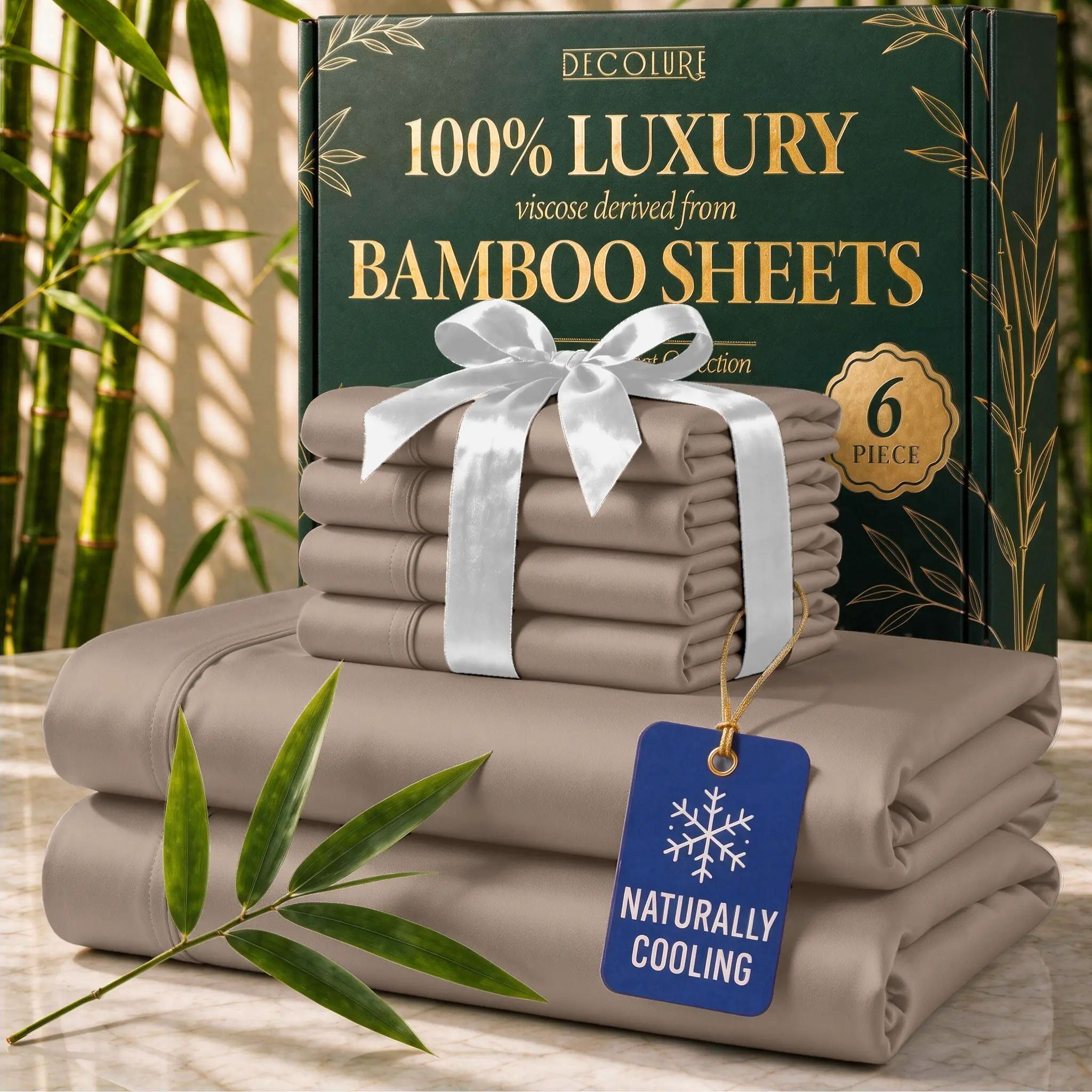 DECOLURE | Bamboo Cooling Sheets 6pc Set – Ultra Soft & Breathable Bed Sheets for Hot Sleepers, Silky Viscose from Bamboo, 17" Deep Pocket Fitted Sheet, Flat Sheet & 4 Pillowcases, Wrinkle-Free Luxury Hotel Bedding, Hypoallergenic, Oeko-Tex Certified