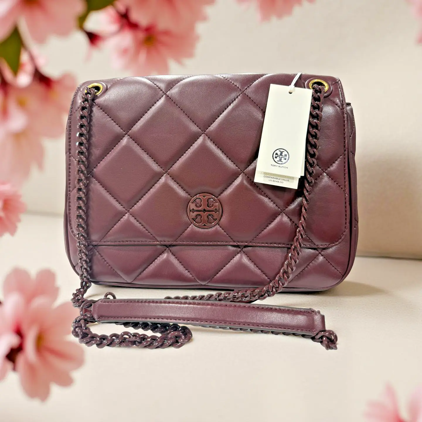 Tory Burch Bag – 100% Authentic – Size L – Burgundy. Quilted.