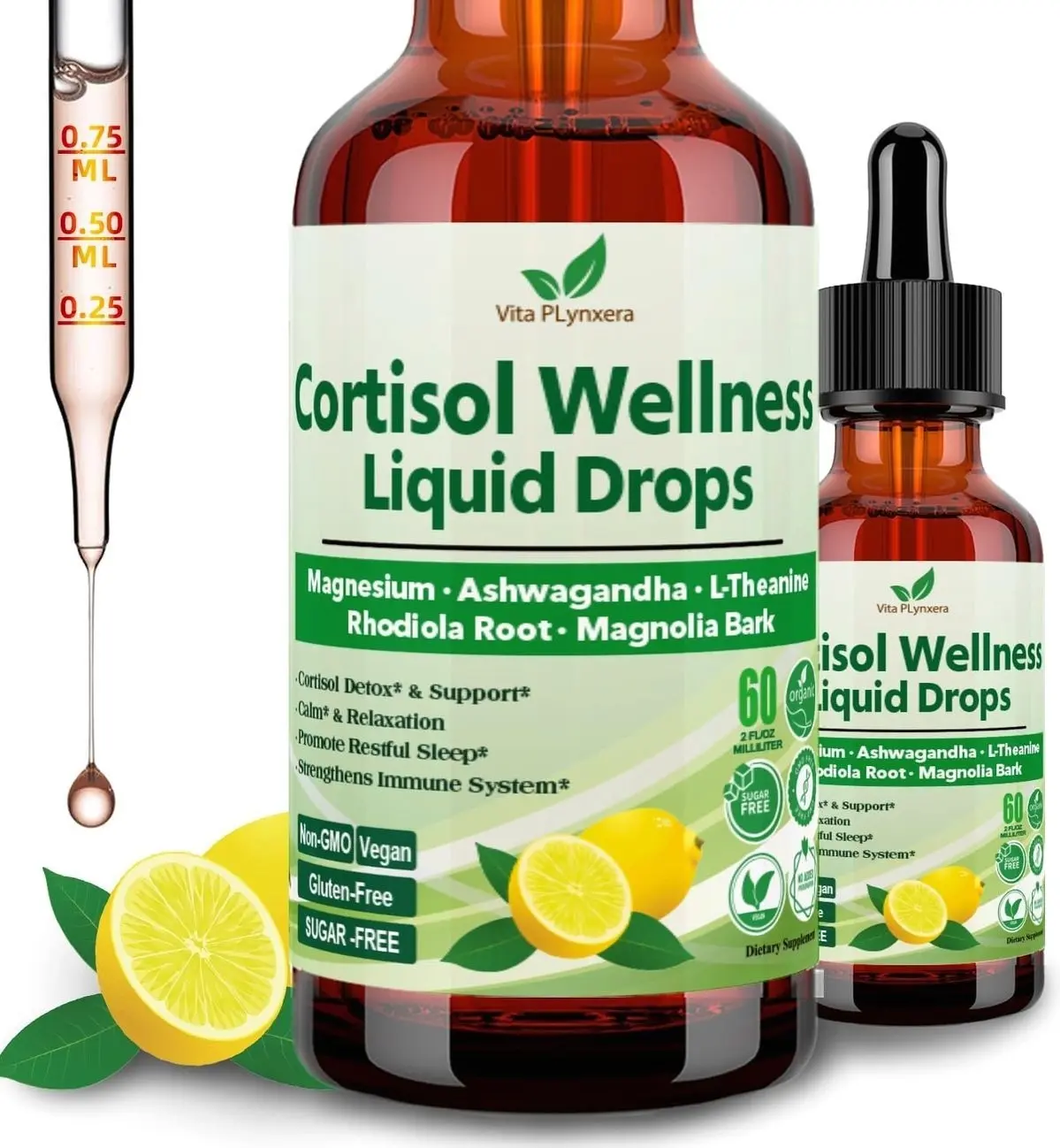2 Pack Cortisol Supplement Liquid Drops, 17-in-1 Cortisol Detox