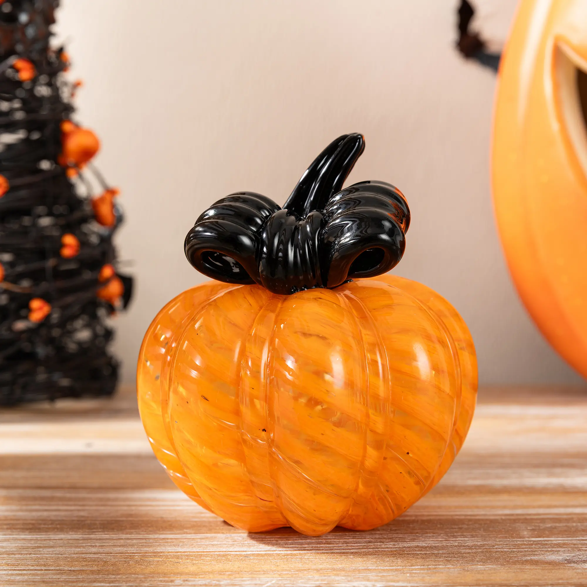 Glitzhome 4.75"H Halloween Striped Glass Pumpkin