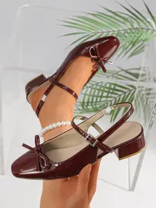 Women's Plus Size High Heel Slip-On Shoes, Glossy Leather Bow Design, Comfortable Square Toe Loafers, Versatile Spring Fall Fashion