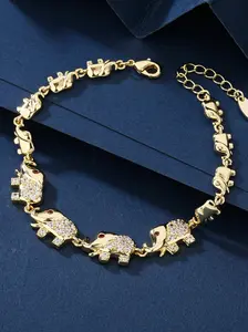 Luxury 18K Gold Plated Copper Elephant Bracelet in Classic Ethnic Tribal Style, Set with Synthetic Zircon, Adjustable 5cm Chain, Party Gift, Elegant Jewelry Bracelet - Golden