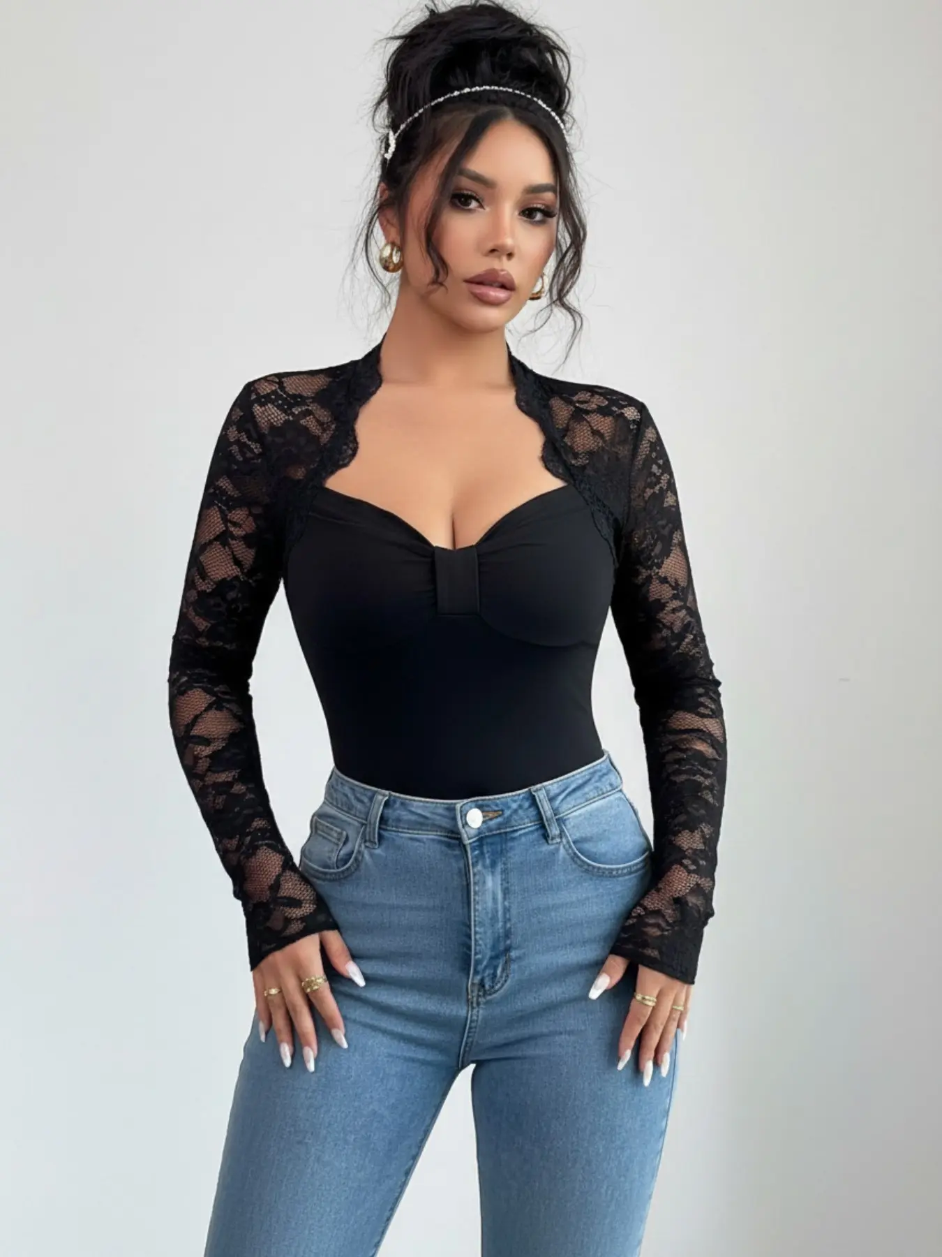 Elegant Lace Transparent Long Sleeve Top, Deep V Slim Fit Sexy Women's Blouse, Casual Commute Date, Fashionable Plain Design Womenswear, Casual Classy Fashion Blouse Tops