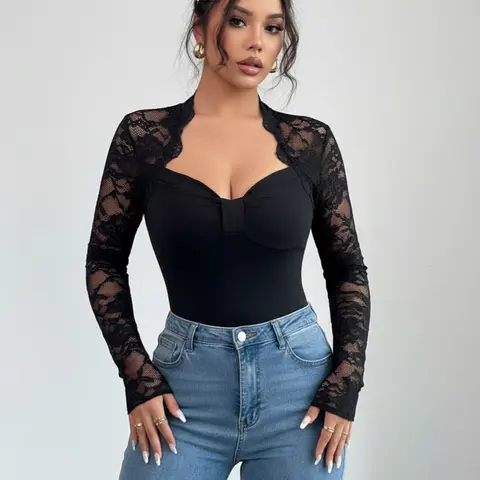 Elegant Lace Transparent Long Sleeve Top, Deep V Slim Fit Sexy Women's Blouse, Casual Commute Date, Fashionable Plain Design Womenswear, Casual Classy Fashion Blouse Tops
