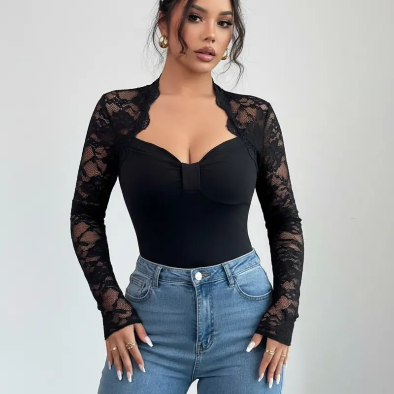 Elegant Lace Transparent Long Sleeve Top, Deep V Slim Fit Sexy Women's Blouse, Casual Commute Date, Fashionable Plain Design Womenswear, Casual Classy Fashion Blouse Tops