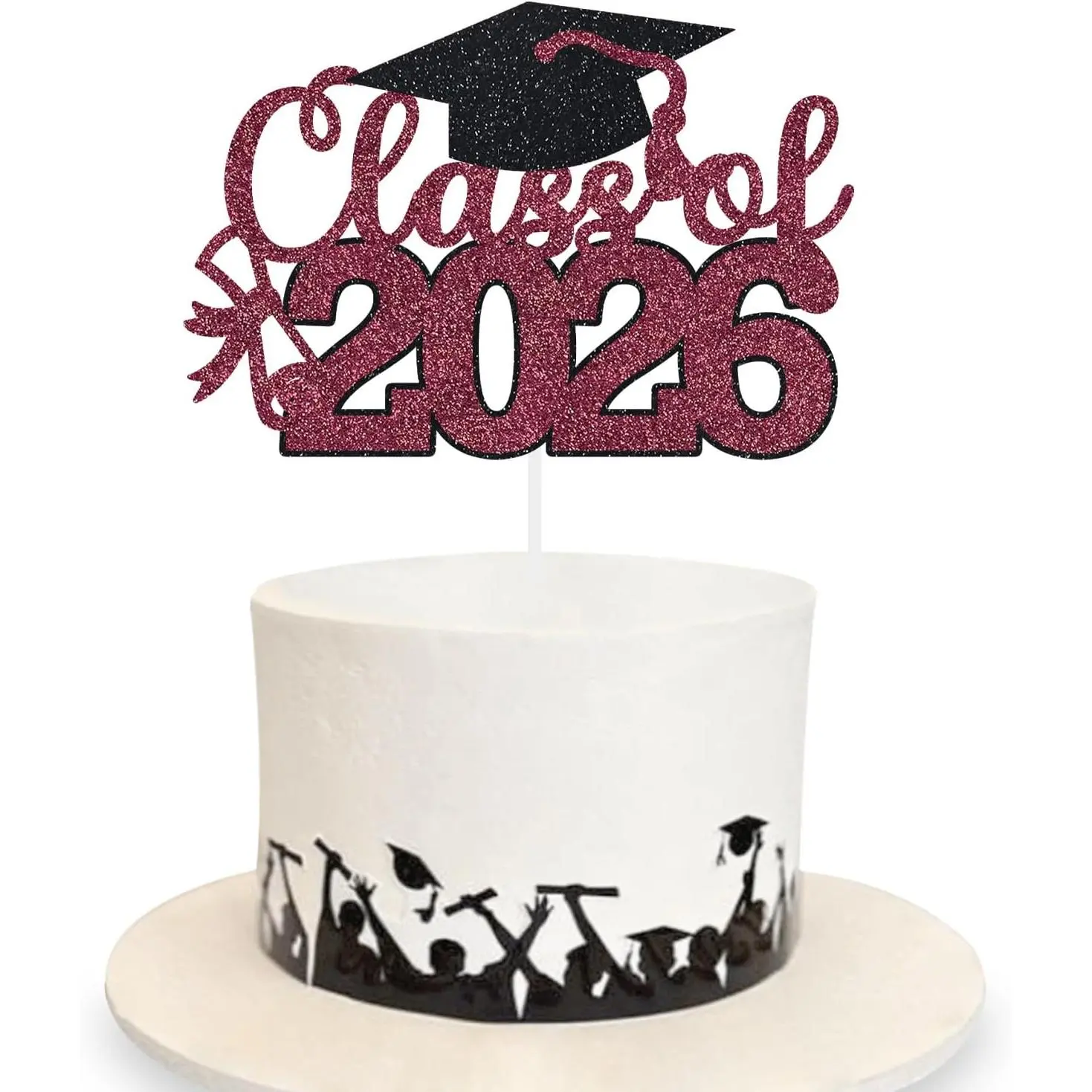 2026 Glitter Graduation Cake Topper - Maroon Cap & Diploma Food Picks, All-Season Festive Dessert Decor, No-Redundancy Grad Party Table Setup Supplies