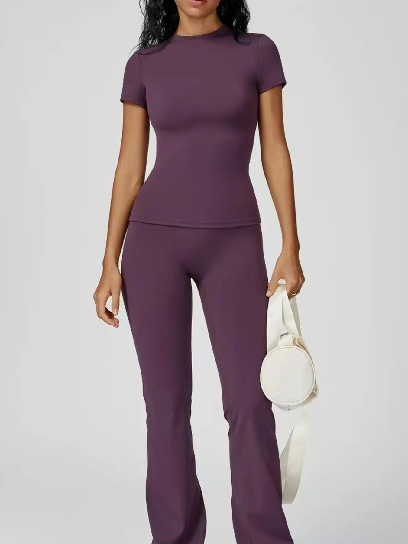 Women's Quick-Dry Two-Piece Set, Round Neck Slim Fit T-Shirt & High Waist Flare Leg Yoga Pants, Skin-Friendly Fabric, All-Season Wear, Casual Sportswear, Workout Athletic Wear, Active Wear, Workout Running Outfits