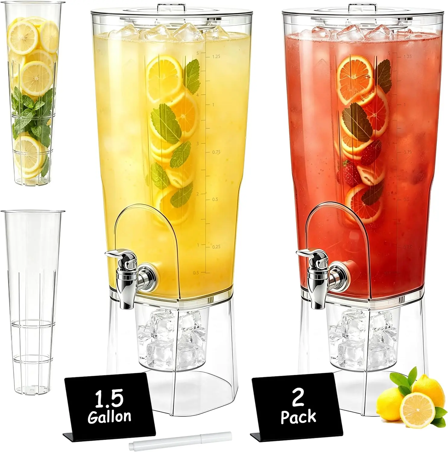 1.5 Gallon Drink Dispenser for Parties, 2 Pcs Plastic Beverage Dispenser with Stand & Fruit Infuser for Lemonade/Juice/Tea/Soda, Clear Water Pitcher with Spigot for Mimosa Bar Hosting