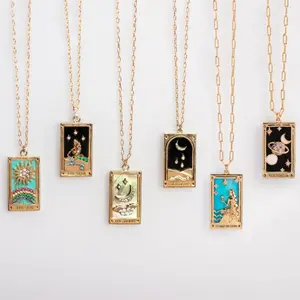 Zircon Gemstone Tarot Card Necklace | Sun, Lover, Star, Moon, Magician, Empress Enamel Elegant Pendant Necklace